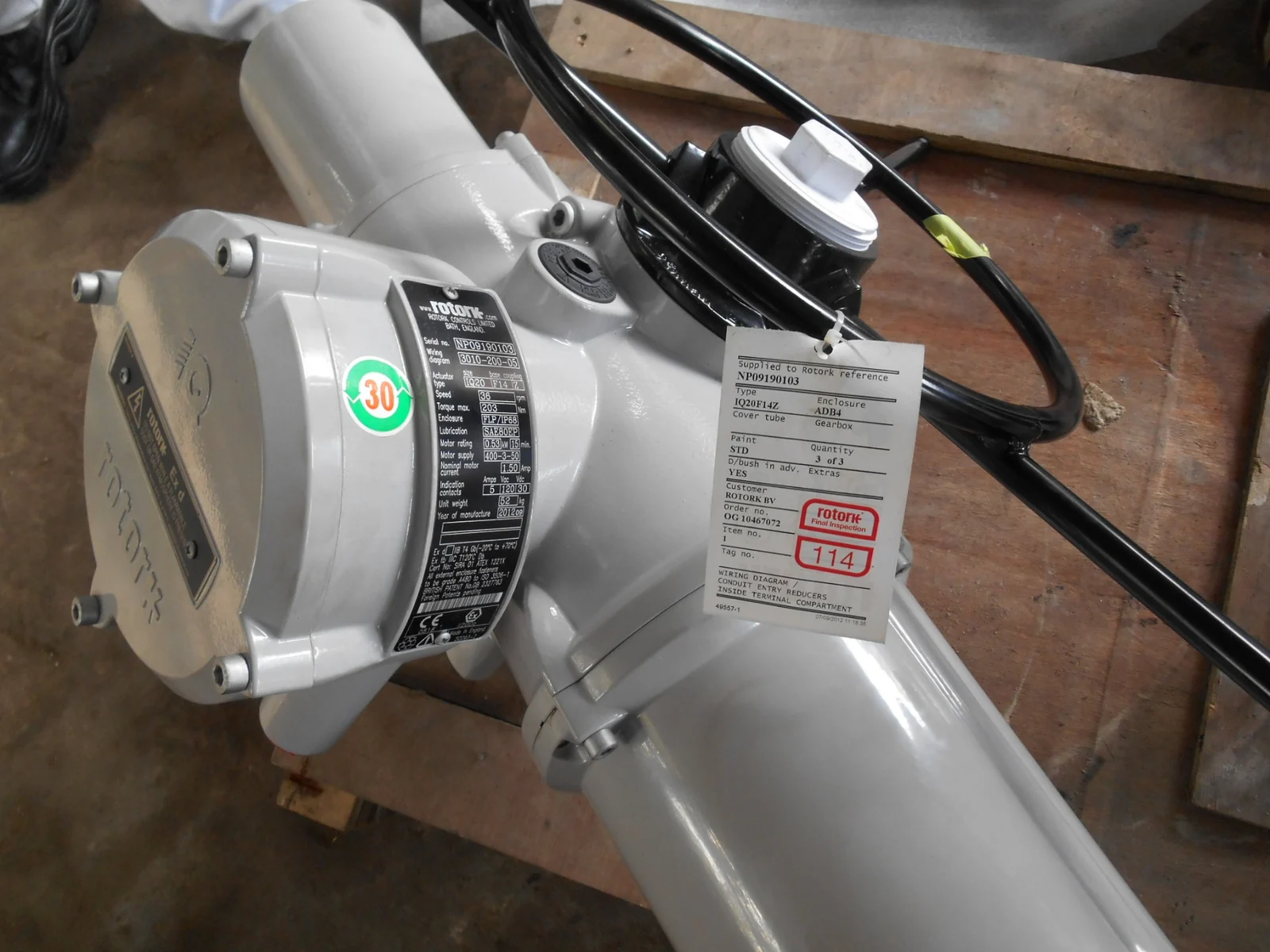Close view of the supplied Rotork actuator and manufacturer identification plate