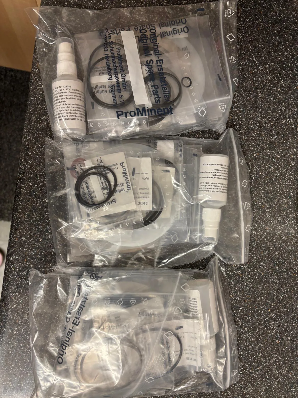 ProMinent dosing pump maintenance kit o rings and cleaner supplied goods evidence for water treatment / chemical dosing by Impro Solutions Bangladesh and Impro Solutions UK.